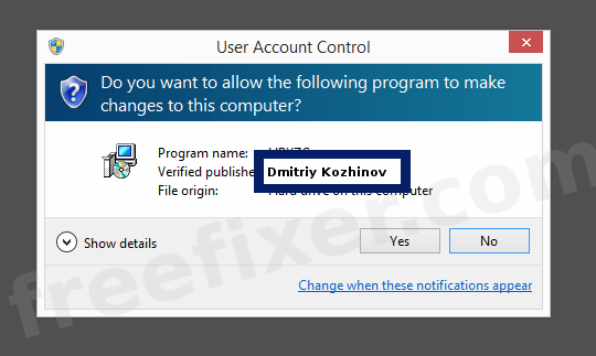Screenshot where Dmitriy Kozhinov appears as the verified publisher in the UAC dialog